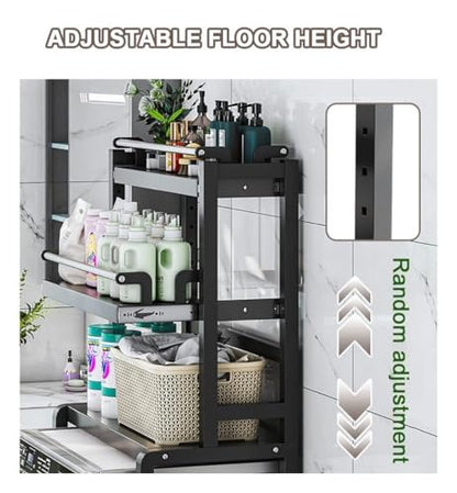 2-Tier Over-The-Toilet Ladder Shelf with Pull-Out Drawer, Adjustable Carbon Steel Storage Rack, 40×70×138cm, White(Black) - color: Black