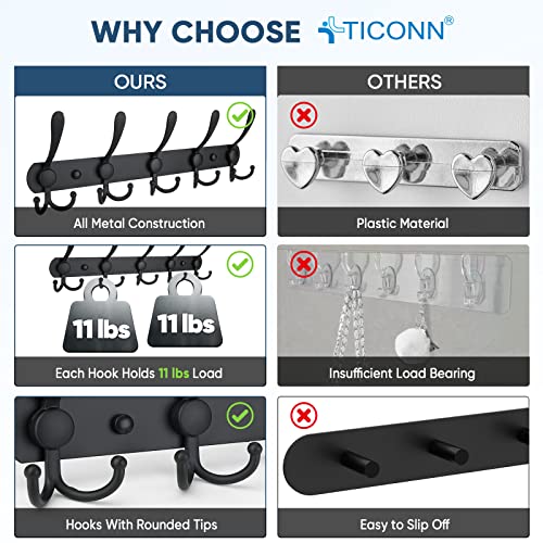 TICONN Wall Mounted Coat Rack, Five Heavy Duty Tri Hooks All Metal Construction for Jacket Coat Hat in Mudroom Entryway (Matte Black, 2-Pack) - color: Matte Black