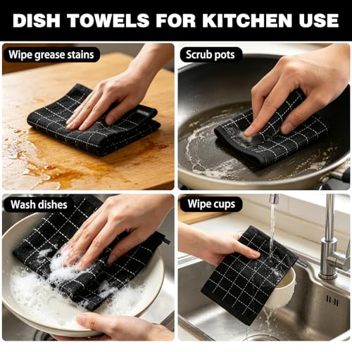 QUILTINA Kitchen Towels 6 Pack, 12 x 12 Inches, 100% Cotton Checkered Designed Terry Dish Cloths, Ultra Soft and Absorbent, Black - color: Black, size: 12 x 12 - 6 Pack-Checkered