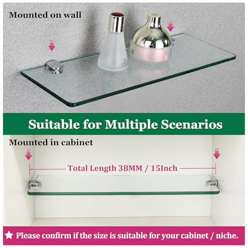 SAYAYO Floating Glass Shelves for Bathroom, Tempered Glass Shelf for Wall 15 x 5 Inch 2 Pack, Clear - color: Clear