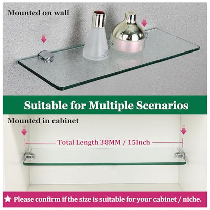 SAYAYO Floating Glass Shelves for Bathroom, Tempered Glass Shelf for Wall 15 x 5 Inch 2 Pack, Clear - color: Clear