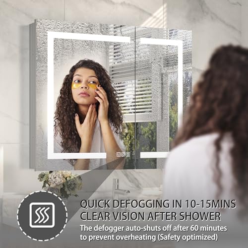 36x30" Wall-Mounted LED Bathroom Medicine Cabinet, Anti-Fog, 3 Color Temp | Surface-Mount/Recessed, Double-Sided Mirror Cabinet with DTC Silent-Close Hinges, Adjustable Tempered Glass Shelf - size: 36W x 30H Inch