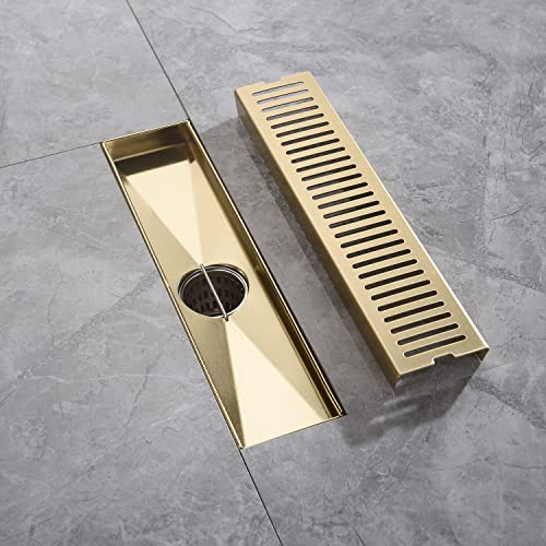 12 Inch Brushed Gold Linear Shower Drain, Removable Rectangle Shower Drain Capsule Pattern Cover Grate With Adjustable Horizontal Foot Thread Adapter, Brass Finish 304 Stainless