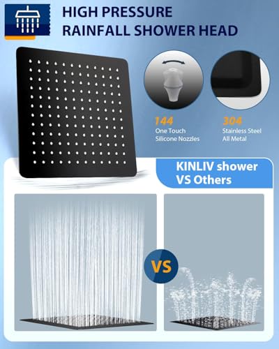 All Metal Matte Black Rainfall Shower Head with Extension Arm, 12" Large Rain Square Showerhead with 16" Long Shower Arm Stainless Steel, 144 Silicone Nozzles Waterfall Full Body Coverage - color: Matte Black