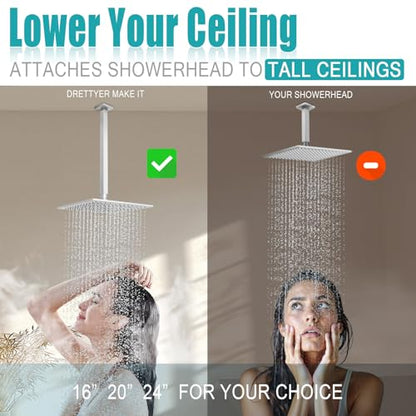 Brushed Nickel Shower Arm with Flange and Teflon Tape for High Ceiling or Fixed Rain Showerhead, Universal Connection 16-inch Square Straight Shower Head Extender Extension Pipe, 304 Stainless Steel - color: Brushed Nickel, style: 16inch