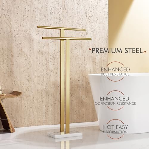 KOKOSIRI Standing Towel Rack for Bathroom Floor 2-Tier Towel Holder Free Stand with Heavy Marble Base Thicken Steady Design Gold Stainless Steel THS0005-BG - color: Brushed Gold