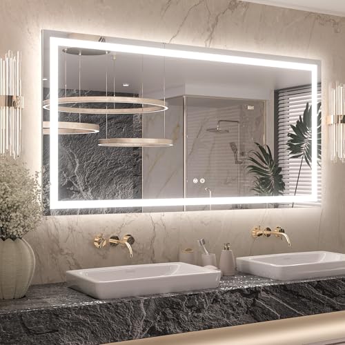 Keonjinn 55x30 Inch LED Bathroom Mirror with Lights, Frontlit & Backlit | HD Tempered Grass, 3-Color Temperature & Stepless Dimmable Lighting, Fast & Safe Defogging, Effortless Installation - size: 30"L x 55"W