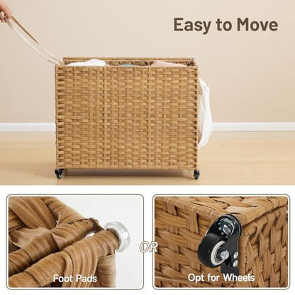 Laundry Hamper with Wheels, 52.8 Gallon(200L) Rolling Laundry Basket with Lid, Removable Large 3 Color Liners & 3 Mesh Laundry Bags, Clothes Hamper with Side Pocket, Natural - color: Natural, size: 31.5"L x 15.75"W x 25.6"H