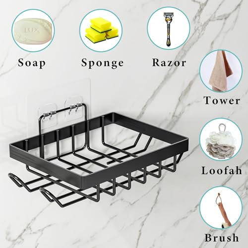 Vowupt Soap Bar Holder for Shower with 8 Hooks, Set of 2 Bar Soap Dish for Bathroom, Self Draining Shower Soaps Holder, Adhesive Soaps Saver Soap Tray Stand for Bathroom Accessories(Black)