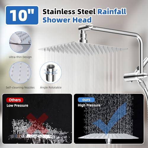 10" Metal Rainfall Shower Head with 10-Mode Handheld, Chrome | NSF/ANSI/CAN 372 Certified, High Pressure Showerhead Combo with 11" Adjustable Shower Arm, 71" Hose, Shower Head Holder - color: Chrome, style: Square 10"