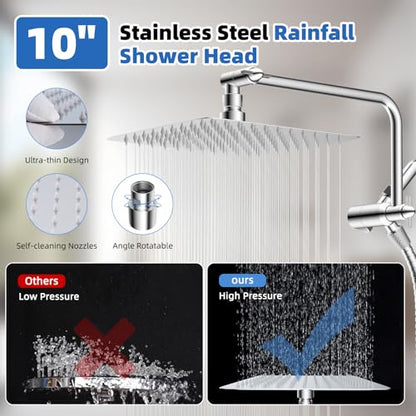 10" Metal Rainfall Shower Head with 10-Mode Handheld, Chrome | NSF/ANSI/CAN 372 Certified, High Pressure Showerhead Combo with 11" Adjustable Shower Arm, 71" Hose, Shower Head Holder - color: Chrome, style: Square 10"