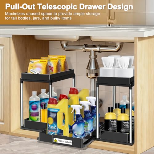 NIUXX Expandable Under Sink Organizer: 2 Tier Under Cabinet Organizer - Double Pull Out Shelf Under Sink Storage for Kitchen - Bathroom and Laundry Room - Space Saving - size: 27.9"L x 15.51"W-Fixed height