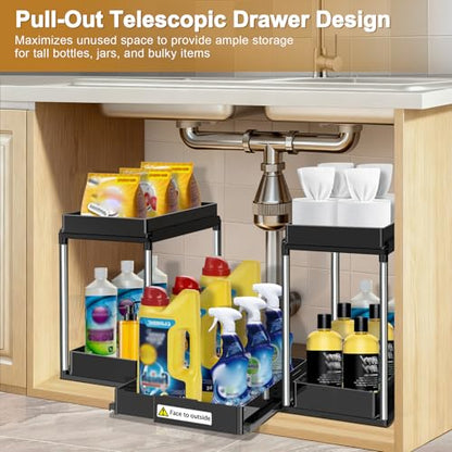NIUXX Expandable Under Sink Organizer: 2 Tier Under Cabinet Organizer - Double Pull Out Shelf Under Sink Storage for Kitchen - Bathroom and Laundry Room - Space Saving - size: 27.9"L x 15.51"W-Fixed height