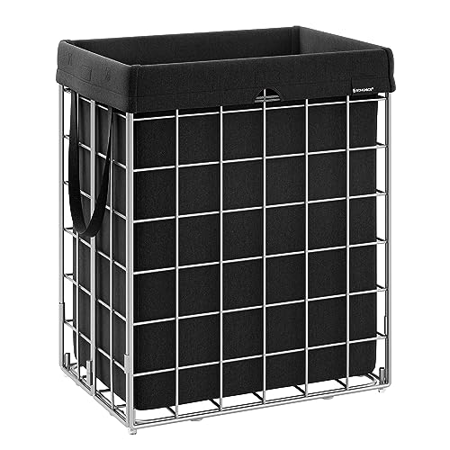 SONGMICS Laundry Hamper, 23.8 Gal. (90L) Laundry Basket, Collapsible Clothes Hamper, Removable and Washable Liner, Metal Wire Frame, for Bedroom Bathroom, Silver and Classic Black ULCB190B01 - color: Silver + Classic Black, size: 90 L