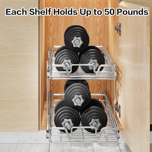 2-Tier Kitchen Cabinet Pull Out Shelf and Drawer Organizer Slide Out Pantry Storaqe Basket in Multiple Sizes (14" W x 21" D) - size: 14" W x 21" D