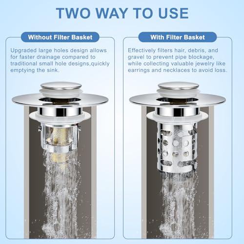 Upgraded 3 in 1 Bathroom Sink Drain Strainer, Universal Pop Up Stopper with Removable Stainless Steel Filter Basket Hair Catcher, Sink Plug for 1.1''~2.36'' Basin, Polished Chrome (1PC) - style: Polished Chrome 1PCS