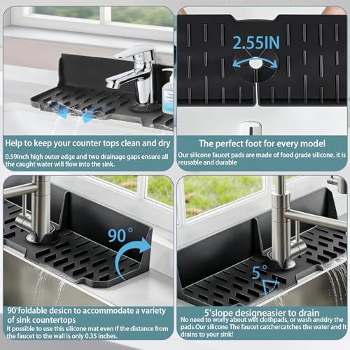 Sink Splash Guard Behind Faucet, 17" x 5.5" Silicone Faucet Drying Mat & Dish Sponge Holder, Fast Self-Draining Kitchen Sink Organizer with Adjustable Fit (Black) - color: Black