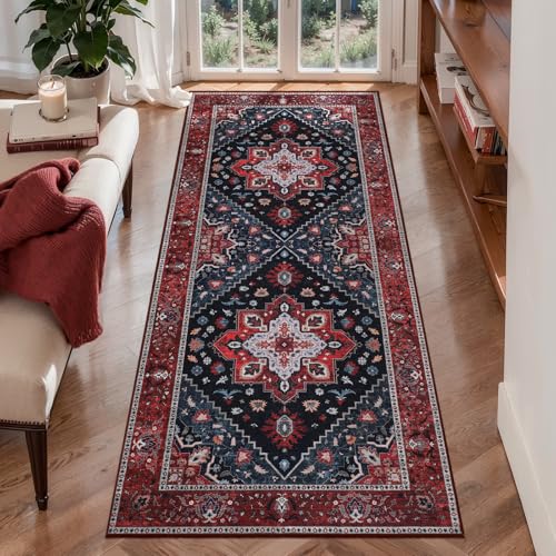 Ciicool Boho Washable 2x6 Runner Rugs,Hallway Kitchen Bedroom Beside Laundry Room Bathroom Rug, Pet & Kids Friendly, Non Slip Low Pile Stain Resistant Soft Foldable Floor Carpet - color: Dark Blue/Red, size: 2' X 6' (Runner)