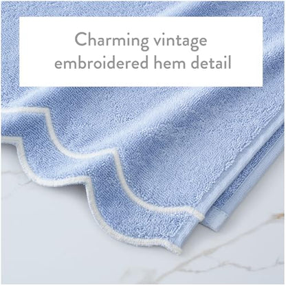 Peri Home 2 Piece Cotton Bath Towel Set, Embroidered, Blue, White Scallop - color: Blue With White Scallop, size: 2 Bath Towel