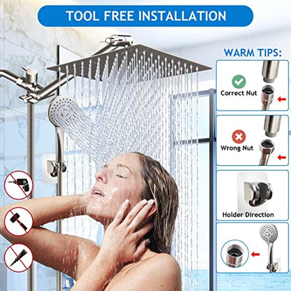 Shower Head Combo,10" Brushed Nickel High Pressure with 11" Extension Arm | Rain Shower Head with 5 Settings Handheld Shower Head Combo,Powerful Shower Spray Against Low Pressure Water - color: Nickel, size: 10" Showerhead Set