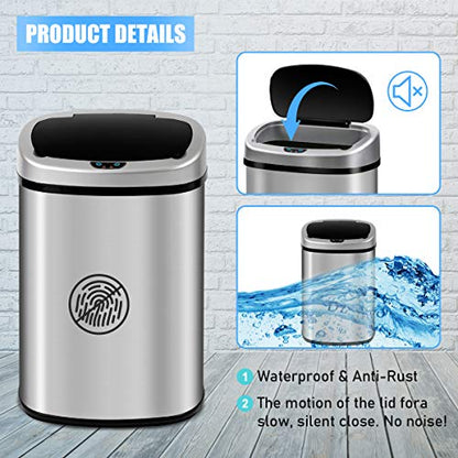 HGS Kitchen Trash Can Garbage Can Waste Bin 13 Gallon Trash Can Stainless Steel with Lid Touch Free Automatic Sensor Garbage Bins 50 Liter Large Capacity Can for Home Bathroom Office Bedroom
