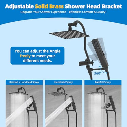 Hibbent All Metal cUPC Certified Shower Head, 10'' High Pressure Rainfall Showerhead Combo, Handheld Shower Wand, 12'' Adjustable Extension Arm, 4-Spray, 71'' Hose, Brass Shower Holder, Matte Black - color: Matte Black, style: Square 10''