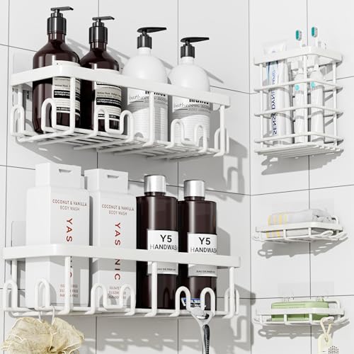 YASONIC Shower Caddy Adhesive, 100% Rustproof Shower Organizer with Soap and Toothbrush Holder, Large Capacity Shower Shelves for Inside Shower, No Drill Shower Storage for Home (5 Pack White) - color: White