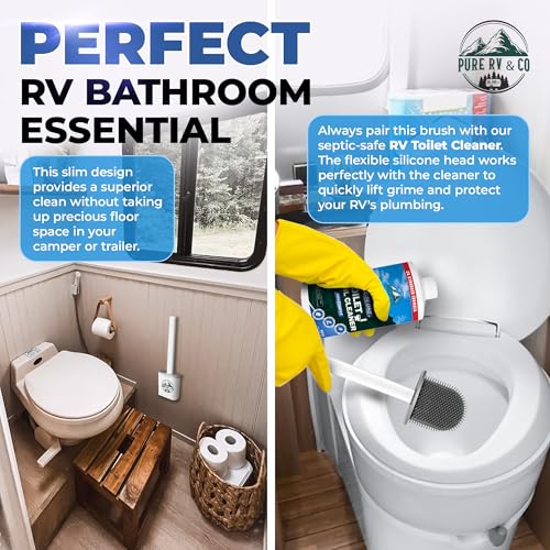 RV Tank Treatment Toilet Brush, Wall Mounted Holder & Septic Safe, Non-Scratch Silicone Flexible D-Head with Durable Long Handle for RVs,Trailers & Camper Bathrooms