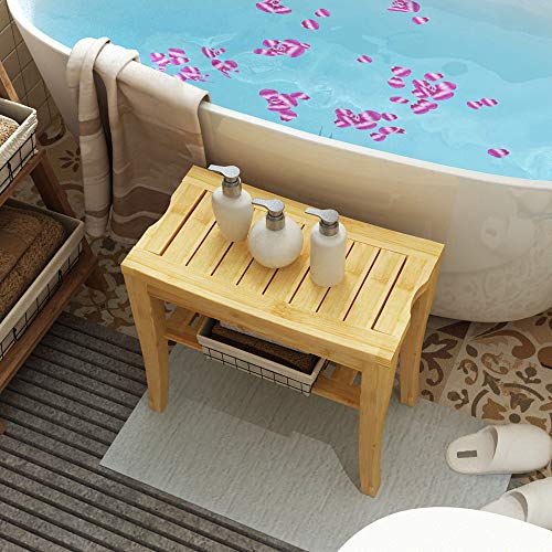 DlandHome Bamboo Bathroom Spa Shower Bench Foot Stool Bathing Seat with Storage Shelf,Yellow