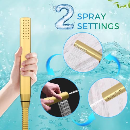 Luxury Dual Heads Digital LED Rain Shower System with Light Remote | Brushed Gold Temperature Display Shower Faucet: 16x26" LED Rainfall Shower, 6" Wall Mount Shower, Dual Function Handheld - color: Brushed Gold, style: 16x26"+6"