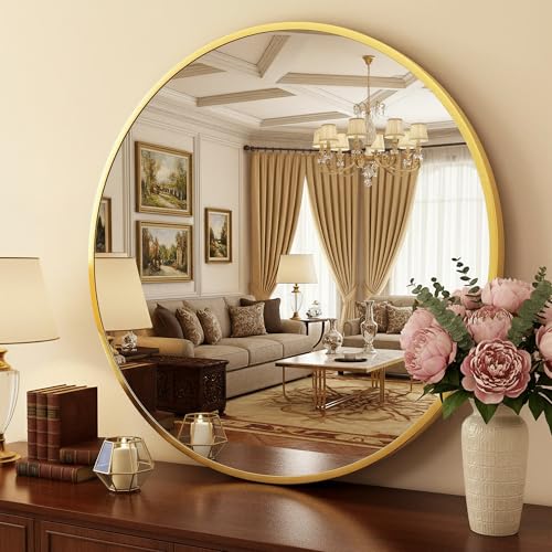 Antok 36 Inch Round Mirror for Wall, Round Bathroom Mirror, Circle Wall Mirrors with Gold Metal Frame, Circle Mirrors Suitable for Wall, Bathroom, Vanity, Living Room, Entryway - color: Gold, size: 36"L x 36"W