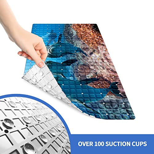Bath Tub Mat Non Slip Shower Mat Three Dolphins Swiming in The Sea Extra Long Bathtub Mat 26.8x15 inches Bathroom Bath Mat with Suction Cups Drain Holes Machine Washable - color: Three Dolphins Swiming in the Sea