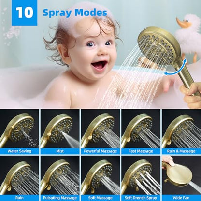 Hibbent 13'' 5-spray Rain Shower Head, 10-Spray Handheld, Brushed Gold | cUPC Certified High Pressure Dual Showerhead Combo, Upgraded Rainfall Shower Head, 12'' Extension Arm, 71'' Hose & Holder - color: Brushed Gold, style: Square 13''
