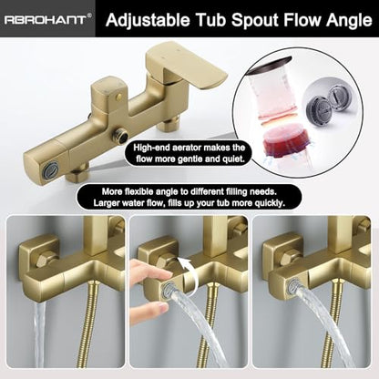 RBROHANT Brushed Gold Exposed Shower System with Tub Spout, Exposed Shower Fixtures for Bathroom with Brass 3-Functional Valve, Shower Height Adjustable, Wall Mounted - color: Brushed Gold