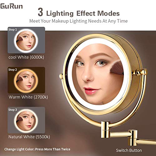 GURUN 8.5 Inch Magnifying Makeup Mirror with 3 Tones LED Lights Double Sided Vanity Mirror for Bathroom with 10X Magnification M1809DJ (Gold 10X)