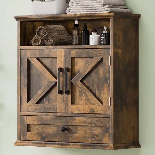 Bathroom Wall Cabinet, Wall Mounted Medicine Cabinet 24.4"H x 23.6"W x 9"D | With Drawer, Barn Doors & Adjustable Shelf, Rustic Brown Over Toilet Farmhouse Cabinet for Kitchen, Laundry Room, Entryway - color: Rustic Brown