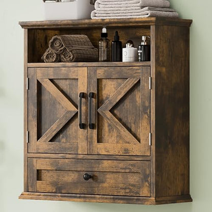 Bathroom Wall Cabinet, Wall Mounted Medicine Cabinet 24.4"H x 23.6"W x 9"D | With Drawer, Barn Doors & Adjustable Shelf, Rustic Brown Over Toilet Farmhouse Cabinet for Kitchen, Laundry Room, Entryway - color: Rustic Brown
