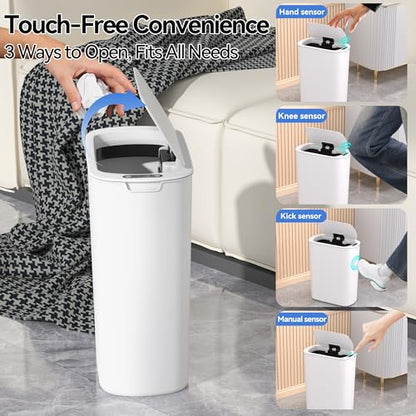 FRESHLIX Automatic Motion Sensor Bathroom Trash Can with Lid, 5 Gallon Touchless Trash Bin,Smart Electric Narrow Waterproof Garbage Bin for Toilet, Office, Bedroom, Living Room, Dorm (White - color: White