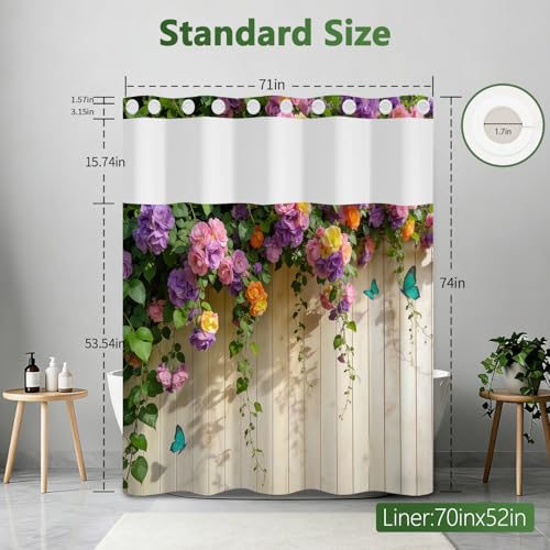 No Hook Floral Shower Curtain with Snap in Liner, Machine Washable Cloth Shower Curtain with See Through Window and Weighted Bottom, Waterproof Fabric Summer Shower Curtains for Bathroom, 71x74 Inches - color: Flower Vines
