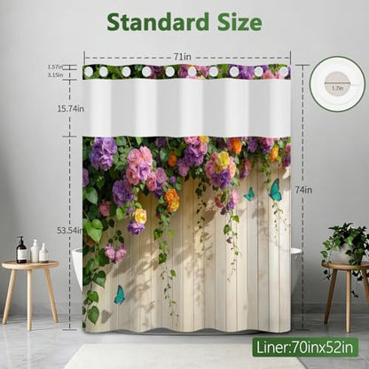 No Hook Floral Shower Curtain with Snap in Liner, Machine Washable Cloth Shower Curtain with See Through Window and Weighted Bottom, Waterproof Fabric Summer Shower Curtains for Bathroom, 71x74 Inches - color: Flower Vines