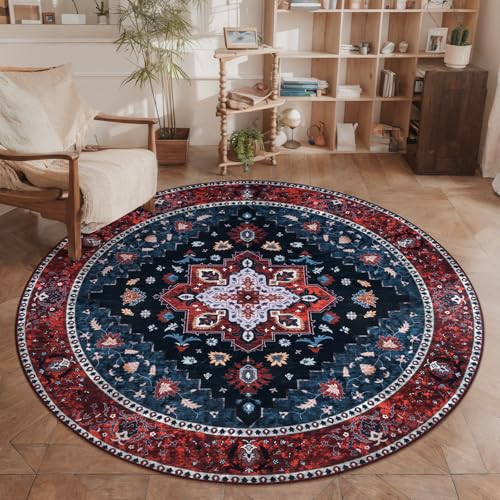 Ciicool 5ft Round Area Rug Washable Bedroom,Circle Non-Slip Oriental Entryway Throw Boho Rugs Low-Pile Indoor Carpet for Dining Room Living Room - color: Dark Blue/Red, size: 5' (Round)