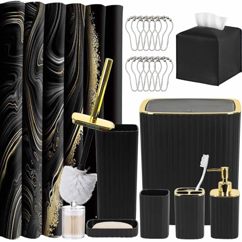 Bathroom Accessories Set - 21PCS Black Bathroom Set with Shower Curtain, Rugs, Trash Can, Soap Dispenser, Soap Dish, Toilet Brush, Toothbrush Holder, Tumbler Cup, Tissue Box, Q-tip Holders - size: Bath Set+Shower Curtain+Q-tip Holders+Tissue Box