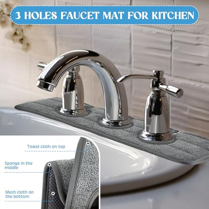 Teenyyou 2 Pcs Faucet Mat for Kitchen Sink Splash Guard for Kitchen Sink Faucet Dish Drying Mat for Bathroom Sponge Holder(Dark Gray,3 Round Holes) - color: Dark Gray