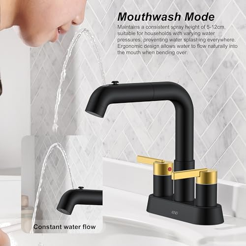 Black and Gold Pull Down Centerset Bathroom Faucet 3 Hole 2 Handle | Pull Out Bathroom Faucet with Pop Up Drain & Supply Lines, Lead-Free cUPC & NSF Certified, 4 Inch Faucet for Vanity RV Sink - color: Black & Gold