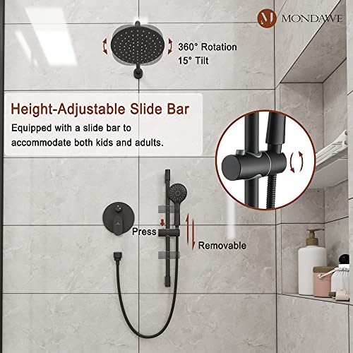 MONDAWE 9 Inch Wall Mounted Shower Faucet Set in Matte Black, Rainfall Shower Head with 3-Setting Handheld Spray Shower Set Combo, High Pressure Shower System with Solid Brass Valve - color: Matte Black, style: 9 IN - Without Tub Spout