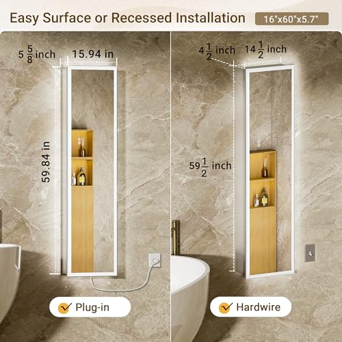Surface or Recessed Backlit Medicine Cabinet Mirror 16x60 Inch Tall, Pre-assembled Dimmable LED Mirror Cabinet with Outlet & Inner Light, Lighted Medicine Cabinet, 155° Soft-close Right Hinge - size: 16x60'' (Right Hinge)