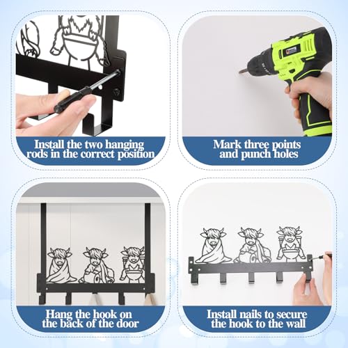 Kathfly Bathroom Highland Cow Over the Door Hooks Towel Hooks Heavy Duty Hanging Towel Rack Over Door Hanger, 5 Coat Hanger for Bedroom Bathroom Kitchen - color: Black, style: Bathroom Highland Cow