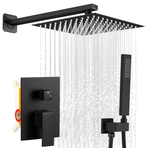 Shower Faucet Set Matte Black 12 Inch Square Rain Head w Handheld Sprayer & Rough Valve - color: Black, style: 12"