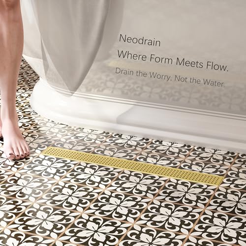 Neodrain 24" Linear Shower Drain, Gold 304 SS Bathroom Linear Drain,cUPC | Gold Shower Drain with Quadrato Grate& Adjustable Feet, Long Rectangle Shower Floor Drain in Bathroom, Balcony etc - color: Golden, size: 24 In