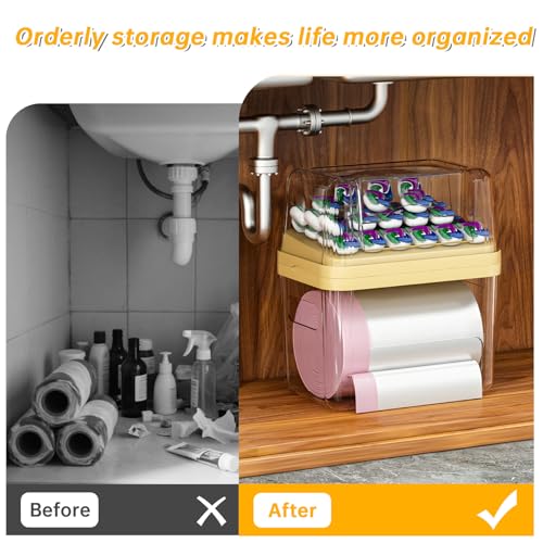 2-in-1 Trash Bag Dispenser & Laundry/Dishwasher Pods Container, Clear Acrylic Garbage Bag Holder with Removable Lids, Under Sink Organizer Kitchen Pantry Storage Box - size: 3IN1 Yellow Holder